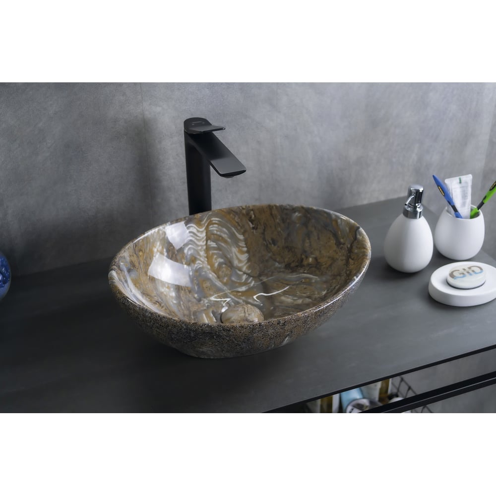 Изображение товара Раковина Gid Mnc138T накладная каменная глянцевая овальная 41x34 см