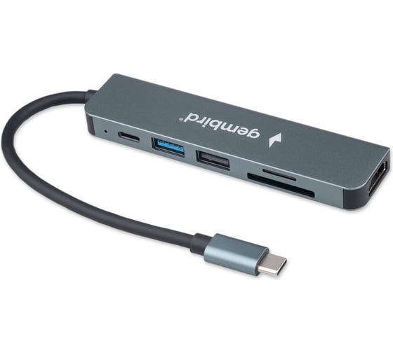 Изображение товара Док-станция Gembird Type-C 6в1: USB3.1, PD100W, SD/TF, USB2.0, HDMI, кабель 16см, алюминий, UHB-D9