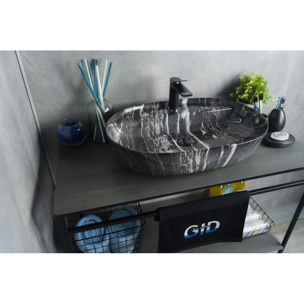 Изображение товара Раковина Gid Bs1346 накладная под камень овальная 610x410 мм черная глянцевая