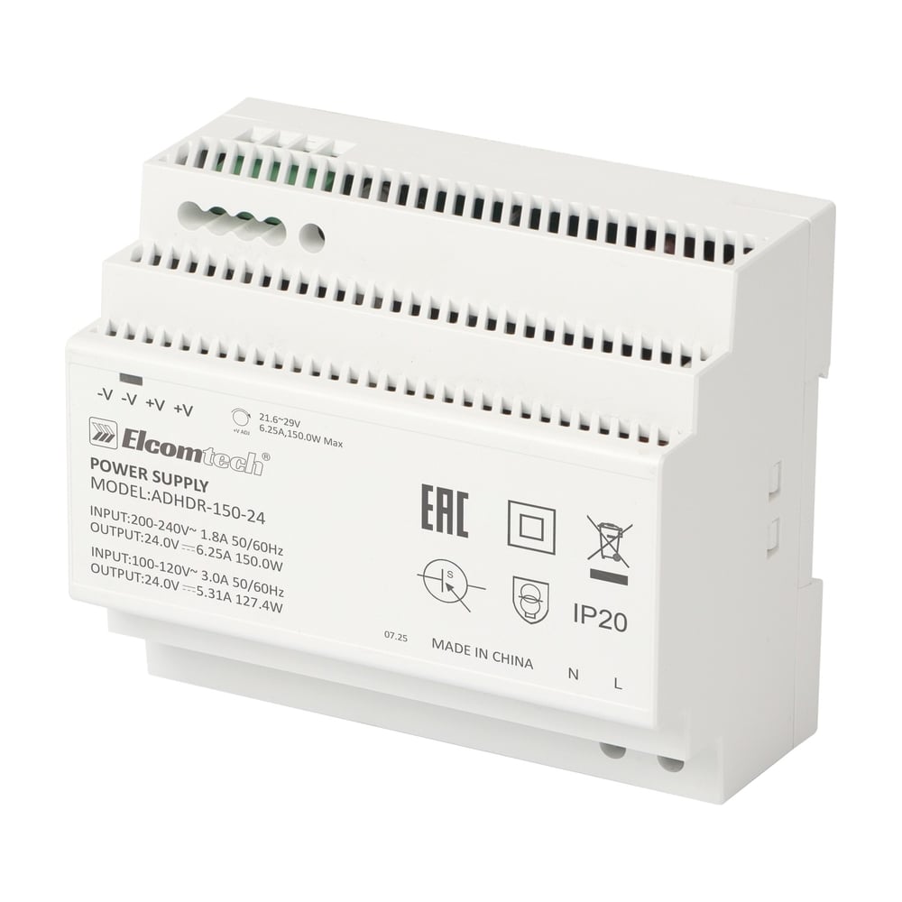 Изображение товара Блок питания на DIN рейку AC/DC 150W 24V 6 25A ELCOMTECH ADHDR-150-24