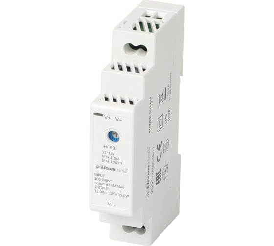 Изображение товара Блок питания на DIN рейку ELCOMTECH AC/DC 15W вход 100-240V,выход 12V 1,25A ADHDR-15-12 УТ-00035141