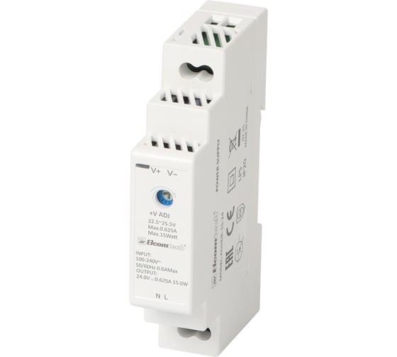 Изображение товара Блок питания на DIN рейку ELCOMTECH AC/DC 15W вход 100-240V, выход 24V 0,63A ADHDR-15-24 УТ-00035143