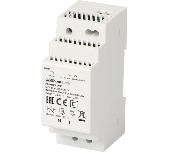 Изображение товара Блок питания на DIN рейку ELCOMTECH AC/DC 30W вход 100-240V, выход 24V 1,25A ADHDR-30-24 УТ-00035146