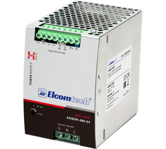 Изображение товара Блок питания на DIN рейку ELCOMTECH AC/DC 480W вход 100-240V,выход 24V 20A ADSDR-480-24 УТ-00038959