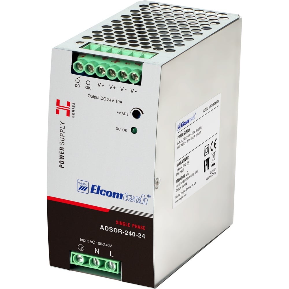 Изображение товара Блок питания на DIN рейку ELCOMTECH AC/DC 240W с защитами и диапазоном 24-28В