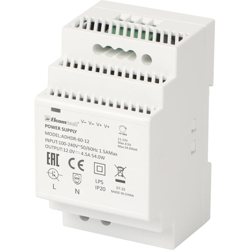 Изображение товара Блок питания на DIN рейку 54W 12V 4.5A ELCOMTECH ADHDR-60-12 УТ-00033980