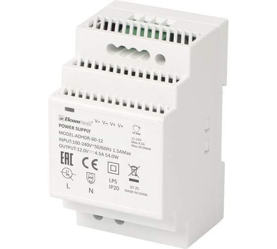 Изображение товара Блок питания на DIN рейку AC/DC ELCOMTECH 54W вход 100-240V,выход 12V 4,5A ADHDR-60-12 УТ-00033980 УТ-00035147