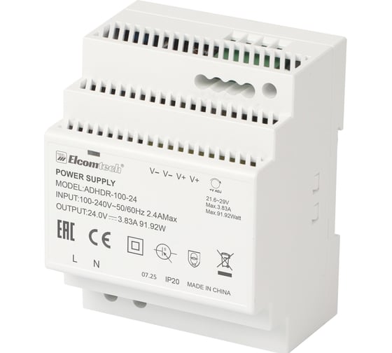 Изображение товара Блок питания на DIN рейку ELCOMTECH AC/DC 92W вход 100-240V,выход 24V 3,83A ADHDR-100-24 УТ-00035149