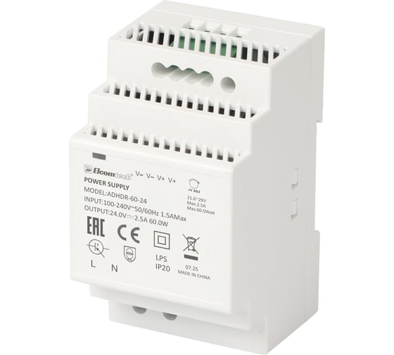 Изображение товара Блок питания на DIN рейку ELCOMTECH AC/DC 60W вход 100-240V, выход 24V 2,5А ADHDR-60-24 УТ-00035148