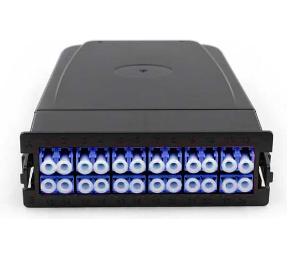 Изображение товара Кассета оптическая TopLAN 1хMPO(папа)/UPC - 24 LC/UPC (12DLC), одномодовое волокно 50/125 OS2, 24 волокна, тип А, цвет черный (RAL9005) TOP-OS21MPOMU24A12DLCU-BK