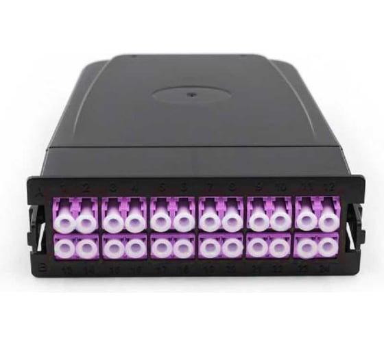 Изображение товара Кассета оптическая TopLAN 1хMPO(папа)/UPC - 24 LC/UPC (12DLC), многомодовое волокно 50/125 OM4, 24 волокна, тип А, цвет черный (RAL9005) TOP-OM41MPOMU24A12DLCU-BK