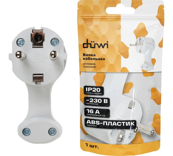 Изображение товара Вилка duwi угловая плоская 8 мм белая 16А 230В 30476 0