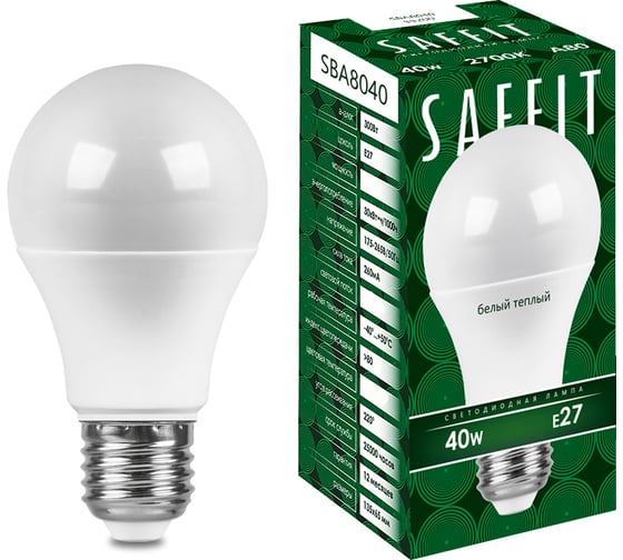 Изображение товара Светодиодная лампа SAFFIT SBA8040 Шар E27 40W 2700K, 55200