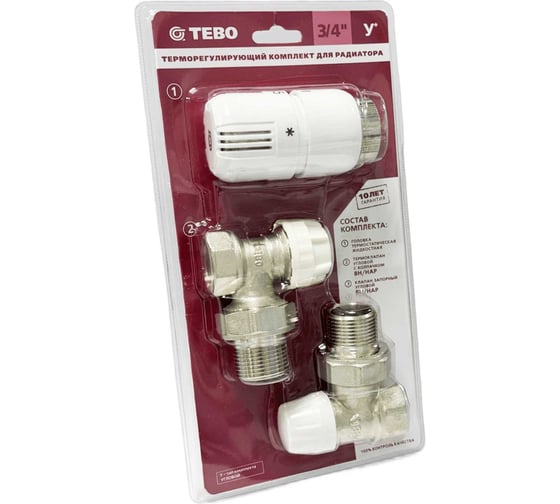 Изображение товара Комплект термостатический TEBO для радиаторов №1 3/4" угловой (термоклапан, клапан запорный, термоголовка) T-TA.750.34к.CN