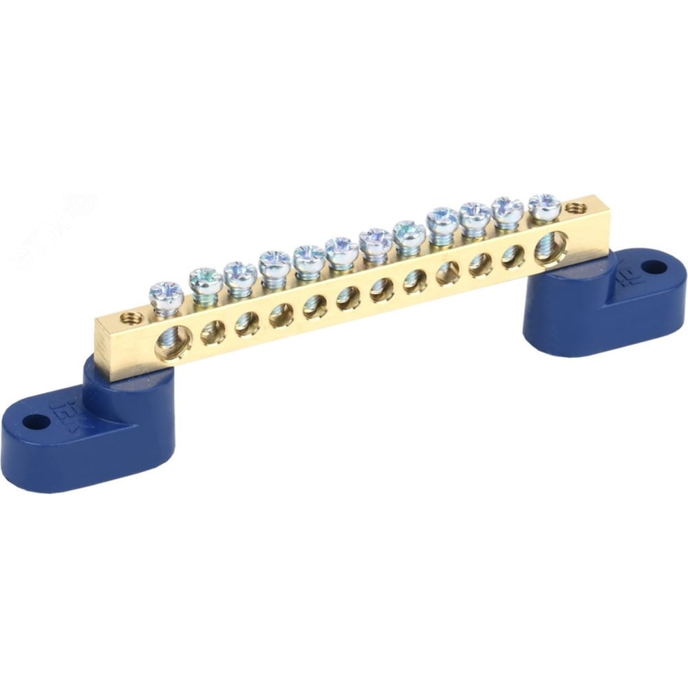 Изображение товара Шина N нулевая КЗОЦМ 6х9мм 12/2 (12 групп/крепеж по краям) два синих угловых изолятора 10 шт ШНИ-69-12-2(с)