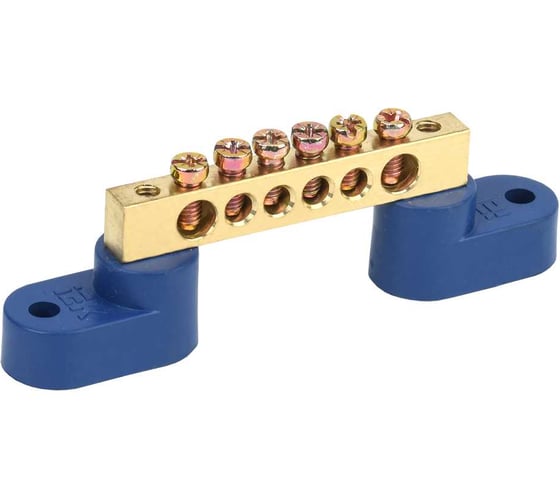 Изображение товара Шина N нулевая КЗОЦМ 6х9мм 6/2 (6 групп/крепеж по краям) два синих угловых изолятора 10 шт ШНИ-69-6-2(с)