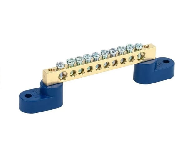 Изображение товара Шина N нулевая КЗОЦМ 8x12мм 10/2 (10 групп/крепеж по краям) два синих угловых изолятора 10 шт ШНИ-812-10-2(с)