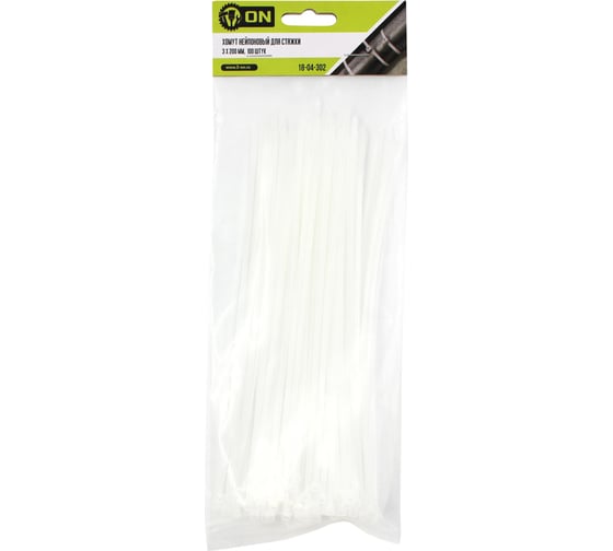 Изображение товара Нейлоновый хомут для стяжки On 3х200 мм, белый, 100 шт./уп. 18-04-302