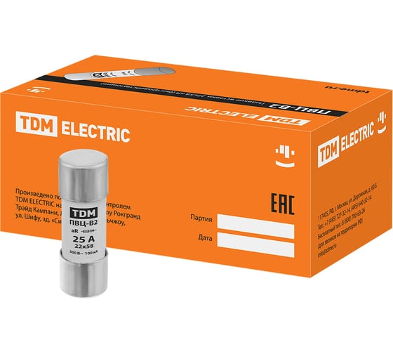 Изображение товара Плавкая вставка TDM ELECTRIC ПВЦ-B2 22х58 aR (быстродействующая) 25А SQ0729-0056