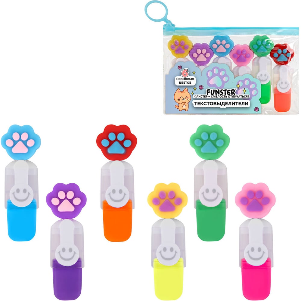 Изображение товара Набор текстовыделителей с топперами ОФИСМАГ FUNSTER 6 неоновых цветов, линия 1-4 мм