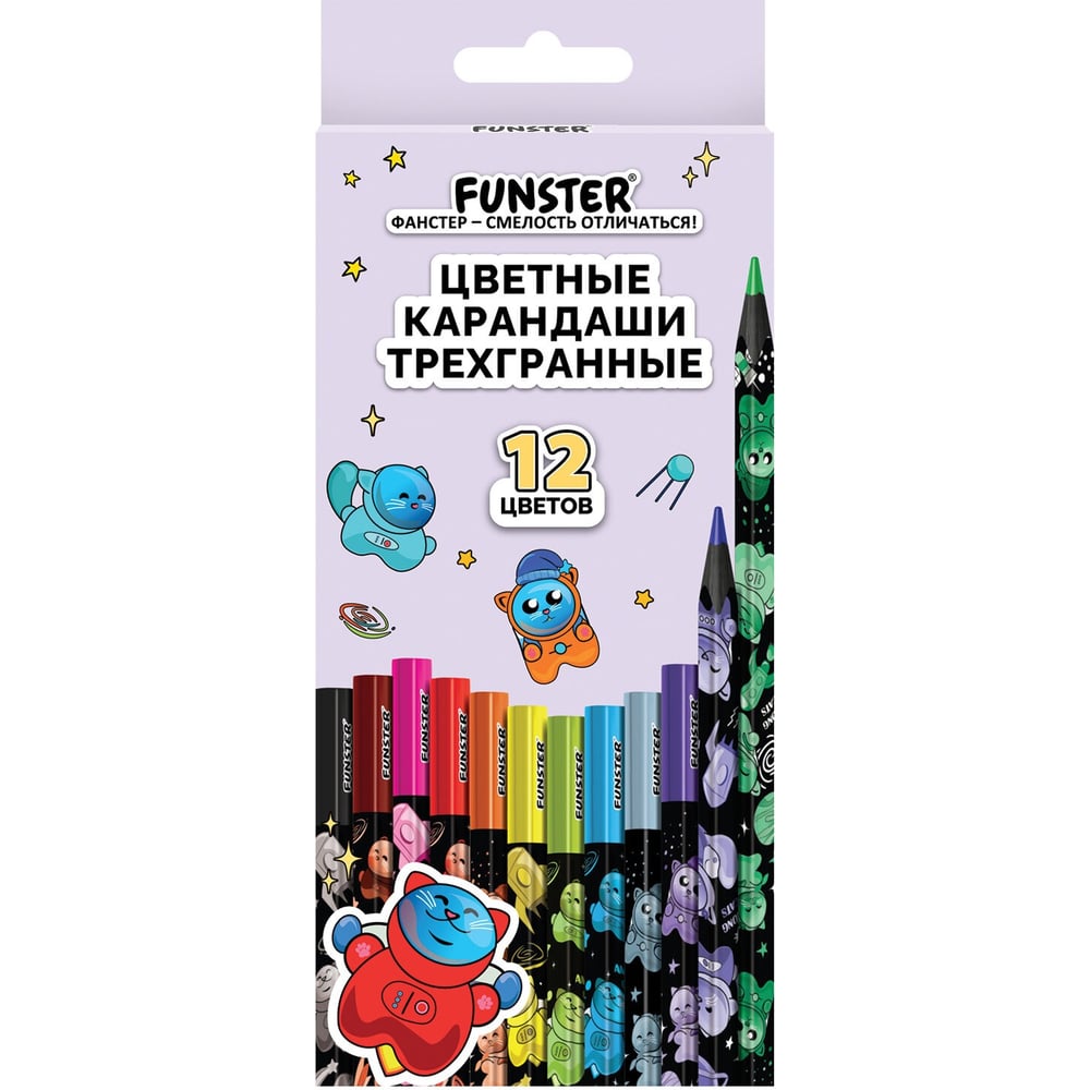Изображение товара Карандаши цветные ОФИСМАГ FUNSTER (ФАНСТЕР), 12 цветов, черный корпус с принтом, трехгранные, 182066