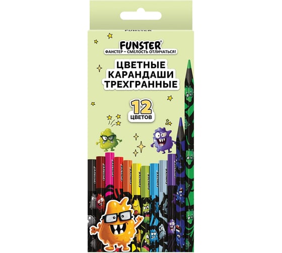 Изображение товара Карандаши цветные ОФИСМАГ FUNSTER (ФАНСТЕР), 12 цветов, черный корпус с принтом, трехгранные, 182065