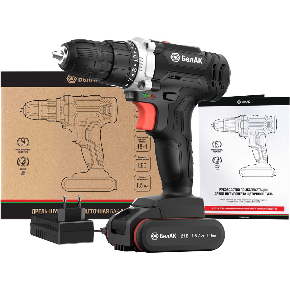 Изображение товара Дрель-шуруповерт БелАК щеточная 21V с аккумулятором и зарядным устройством