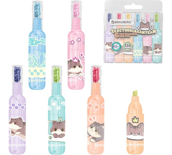 Изображение товара Набор текстовыделителей BRAUBERG 6 ПАСТЕЛЬНЫХ ЦВЕТОВ, кросс-серия МИЛЫЕ КОТЫ, линия 1-5 мм, 152619