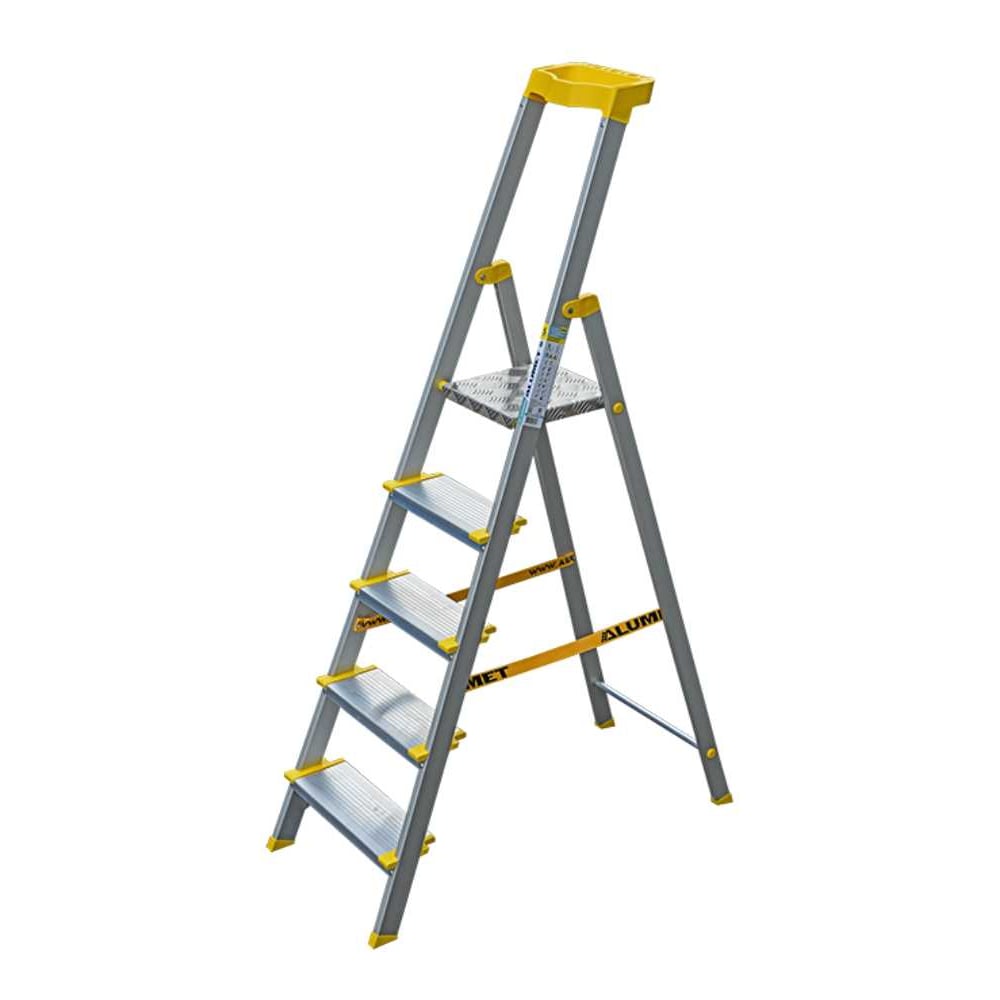 Изображение товара Стремянка алюминиевая Алюмет с анодированным покрытием профессиональная, широкими ступенями 5 ступеней и органайзером. Серия AS705AK015