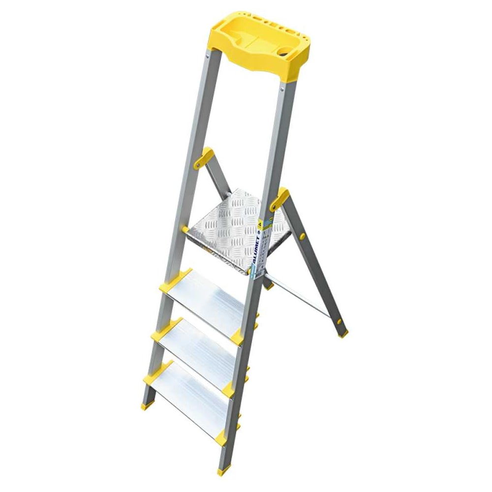 Изображение товара Стремянка алюминиевая Алюмет с анодированным покрытием профессиональная, широкими ступенями 4 ступени и органайзером. Серия AS704AK015