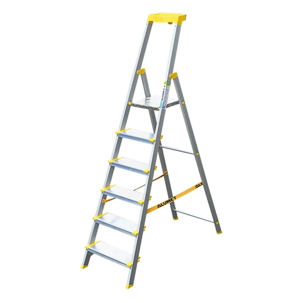 Изображение товара Стремянка алюминиевая Алюмет с анодированным покрытием профессиональная, широкими ступенями 6 ступени и органайзером. Серия AS706AK015