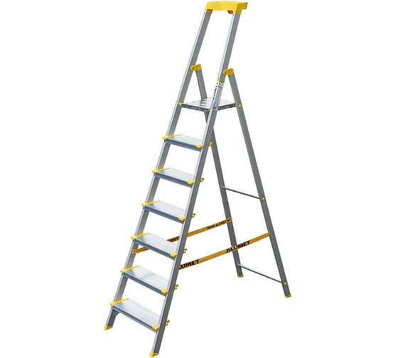 Изображение товара Стремянка алюминиевая Алюмет с анодированным покрытием профессиональная, широкими ступенями 7 ступеней и органайзером. Серия AS707AK015