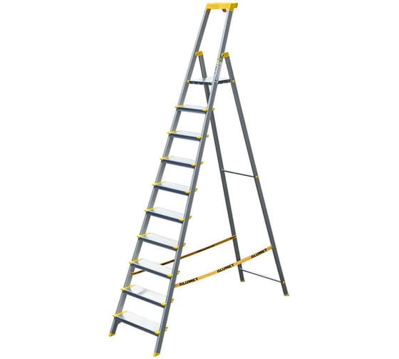 Изображение товара Стремянка алюминиевая Алюмет с анодированным покрытием профессиональная, широкими ступенями 10 ступеней и органайзером. Серия AS710AK015