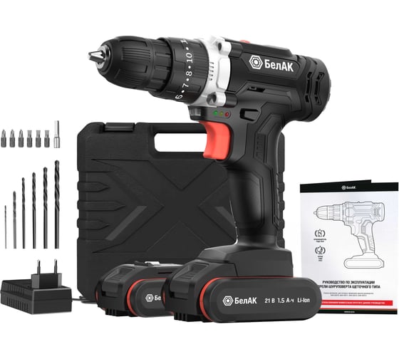 Изображение товара Ударная дрель-шуруповерт БелАК щеточная, 21V 40Hm, В кейсе с битами, 2 АКБ БАК.53312