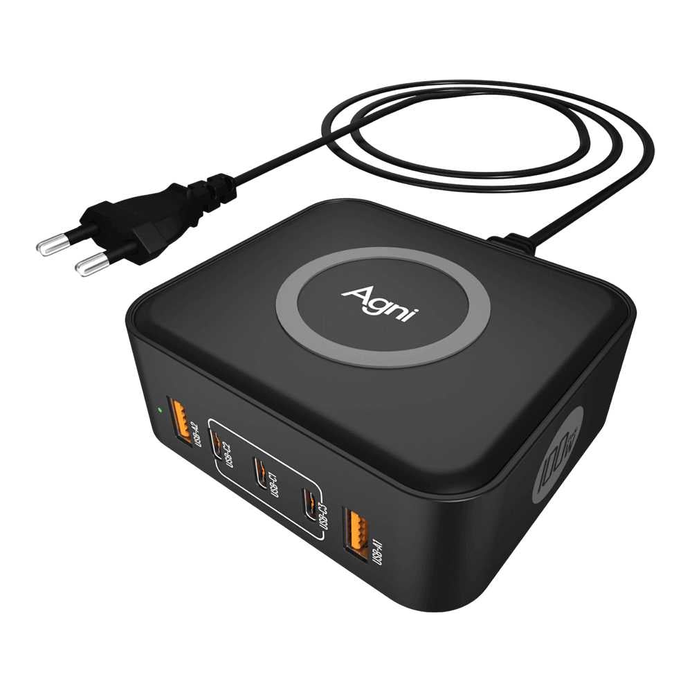 Изображение товара Зарядное устройство c беспроводной зарядкой AGNI 2USB-A+3 USB-C 100W,черный,TP-CA02-E-GaN-черн TP-CA02-E-GaN-black