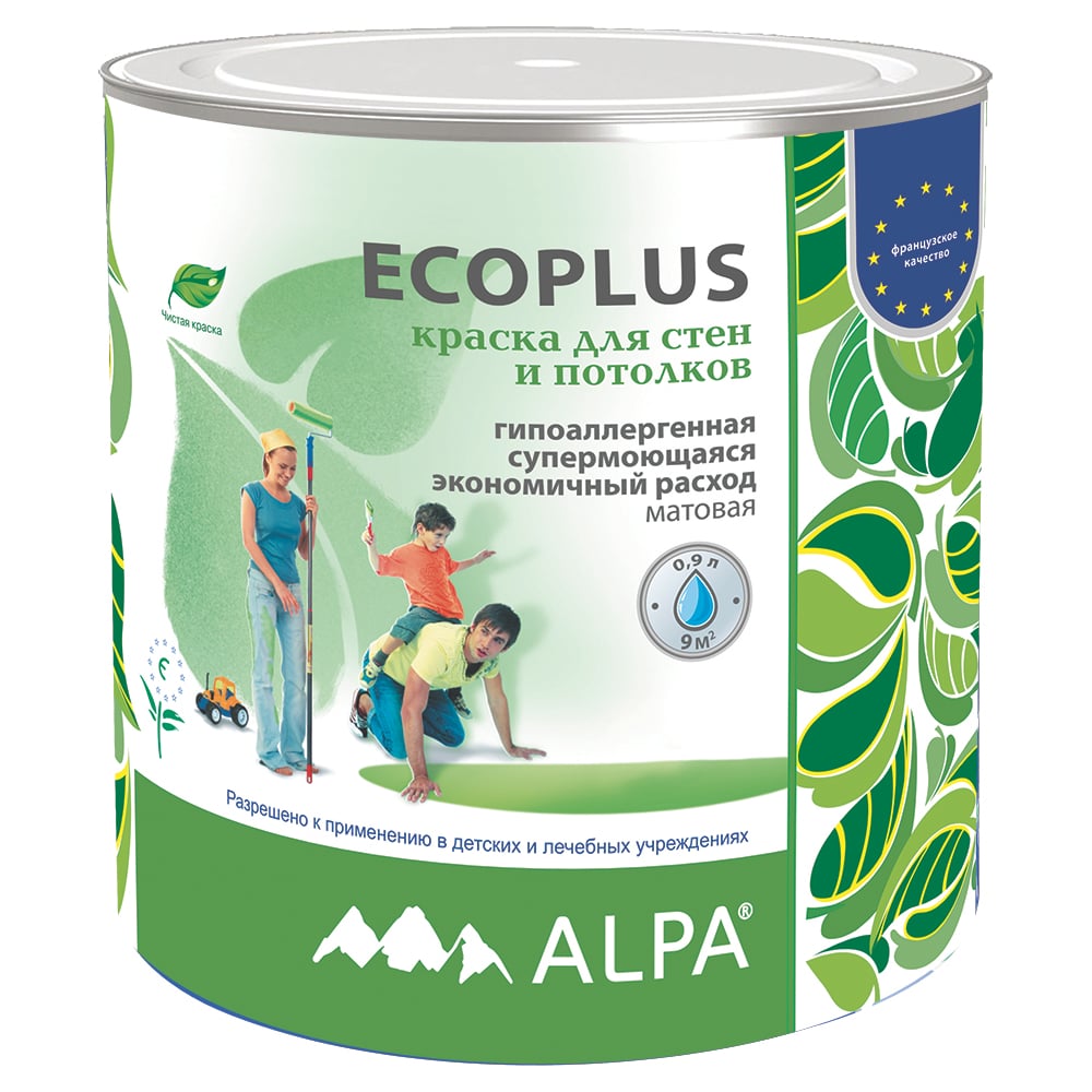 Изображение товара Акриловая экологичная краска ALPA ECOPLUS 0.9 л для стен и потолков белая