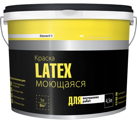 Изображение товара Краска латексная для внутренних работ ALPA ELEMENT SE LATEX моющаяся, 4,5 л (7,11 кг) 4660005413883