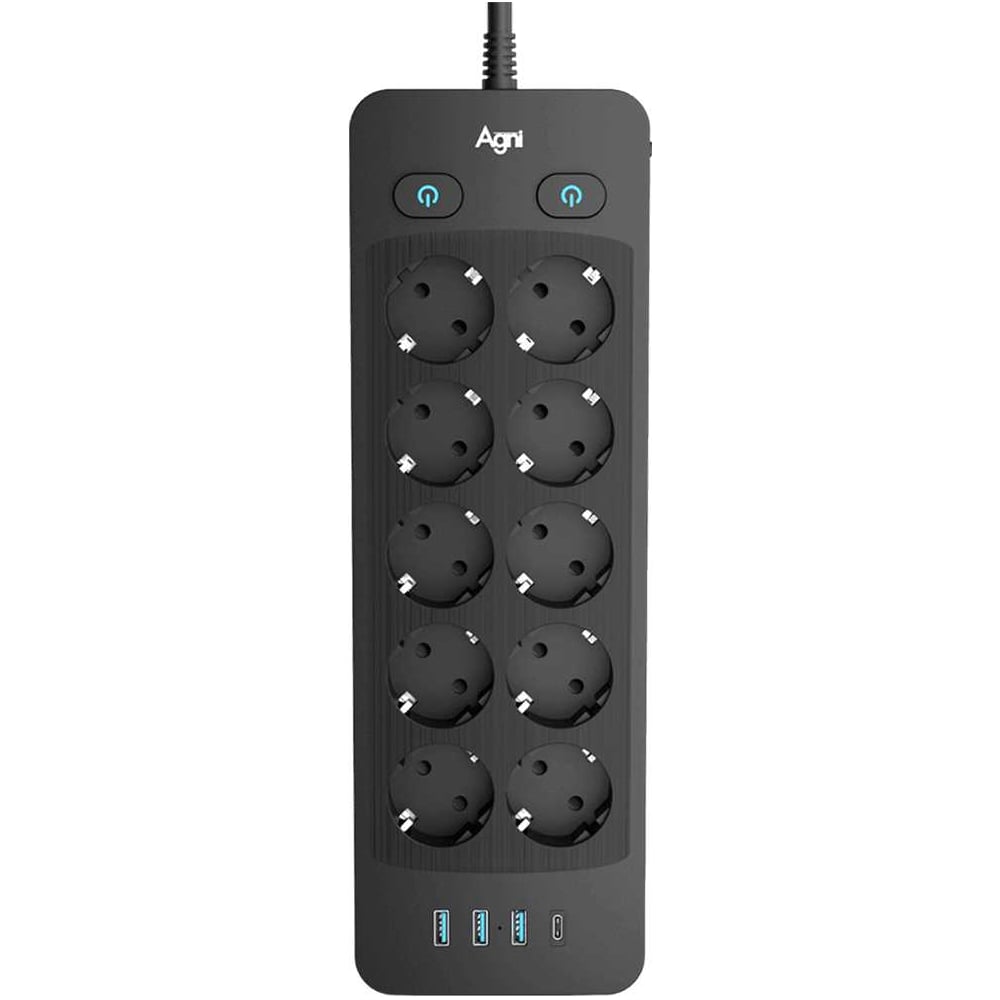 Изображение товара Сетевой фильтр AGNI с USB Type-C и 10 розетками, 5м кабель, черный