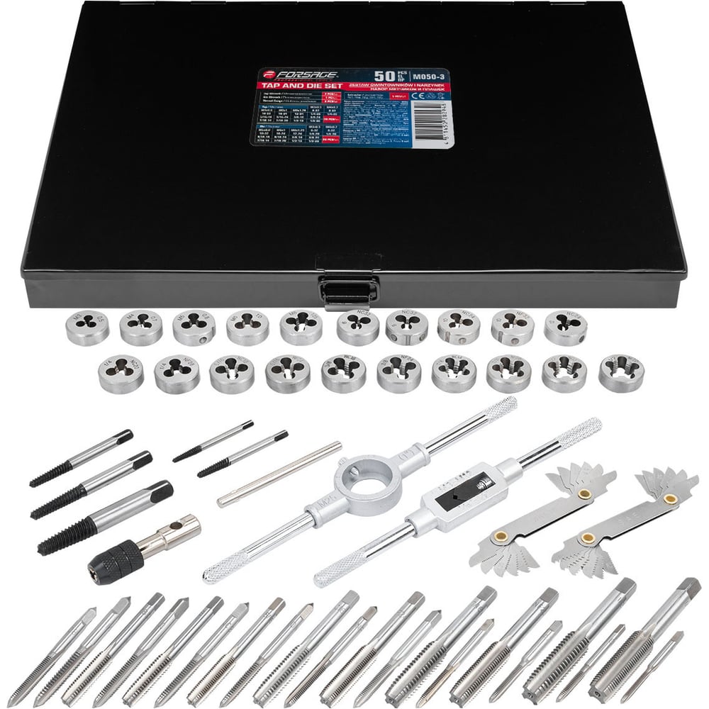 Изображение товара Набор метчиков и плашек Forsage 50 предметов в металлическом кейсе для резьбонареза