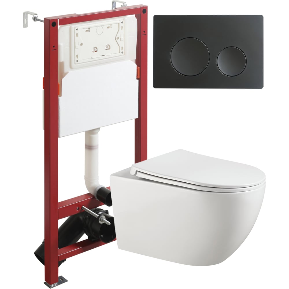 Изображение товара Унитаз подвесной безободковый Agger TORNADO белый с инсталляцией, микролифт, кнопка смыва черная ATI12150+APB144