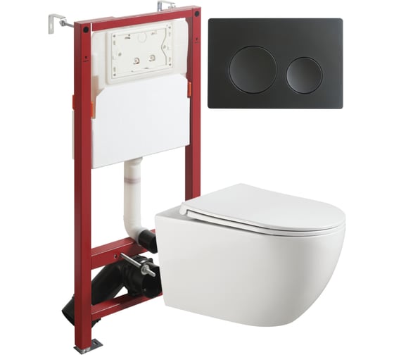 Изображение товара Унитаз подвесной безободковый Agger TORNADO белый с инсталляцией, микролифт, кнопка смыва черная ATI12150+APB144