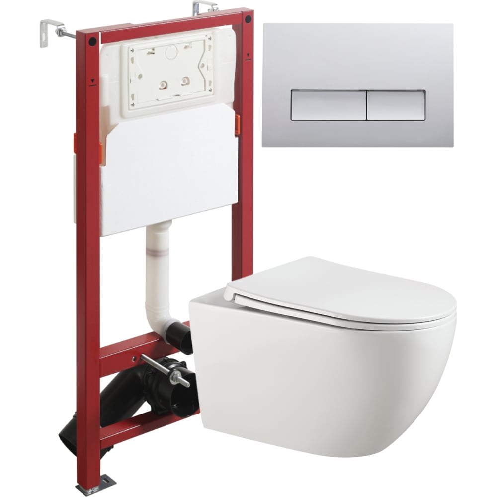 Изображение товара Унитаз подвесной безободковый Agger TORNADO белый с инсталляцией, микролифт, кнопка смыва хром ATI12150+APB200