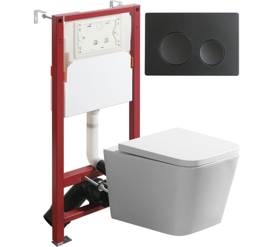 Изображение товара Унитаз подвесной безободковый Agger TORNADO белый с инсталляцией, микролифт, кнопка смыва черная ATI11150+APB144