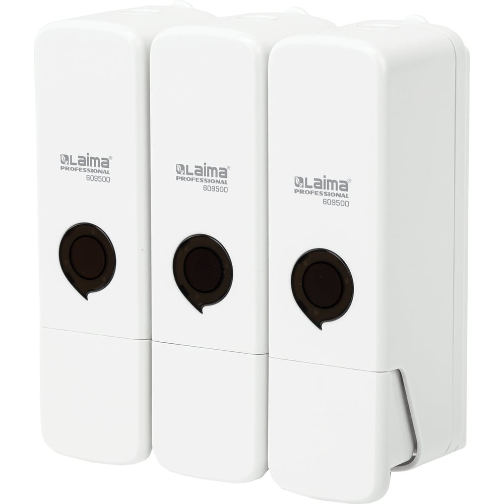 Изображение товара Дозатор тройной для жидкого мыла шампуня геля LAIMA SUPER 3х0.3 л настенный белый ABS