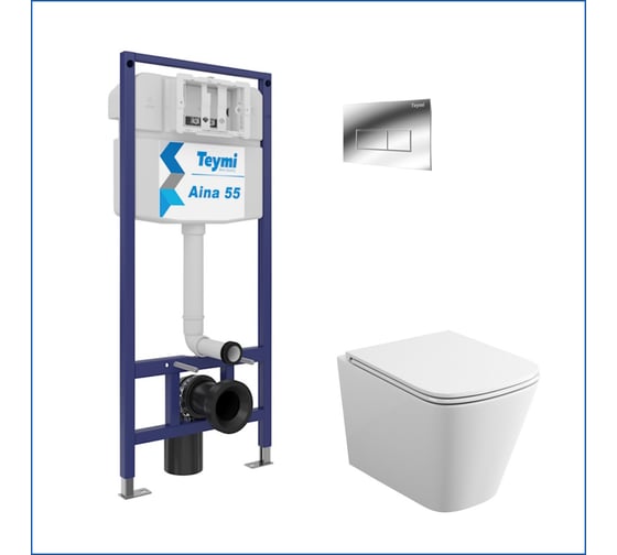 Изображение товара Инсталляция с унитазом комплект 5 в 1 Teymi унитаз подвесной безободковый Helmi S кнопка хром F13576 ЦБ-00285270