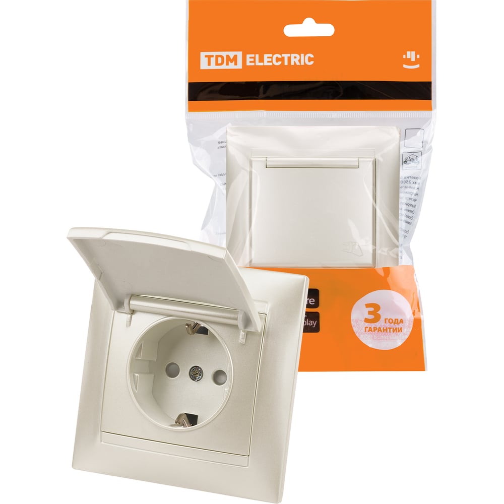 Изображение товара Розетка TDM 2П+З 16А 250В IP44 с защитными шторками, с крышкой, перламутр, "Лама" SQ1815-0814