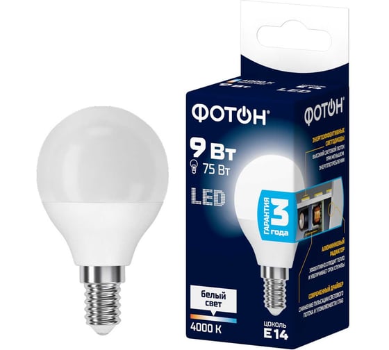 Изображение товара Светодиодная лампа ФОТОН LED P45 9W E14 4000K белый свет 24015