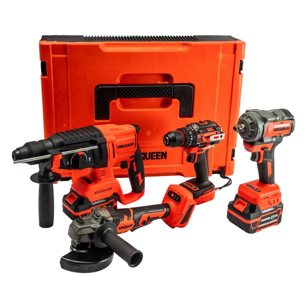 Изображение товара Набор инструментов KINGQUEEN 4 пред, УШМ 125мм, Гайковерт 500Нм, Шуруповерт 50Нм, Перфоратор KQ-TS4