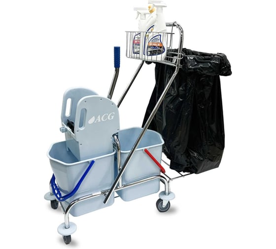 Изображение товара Тележка ACG 2х17л, с держателем мешка, поддоном, ведра серые, с отжимом, корзиной, база хром 1030279