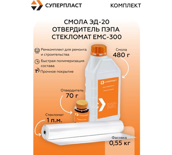 Изображение товара Смола Суперпласт ЭД-20 + отвердитель ПЭПА + стекломат ЕМС-300 (0,55 кг+1 п.м.) 4687207073547